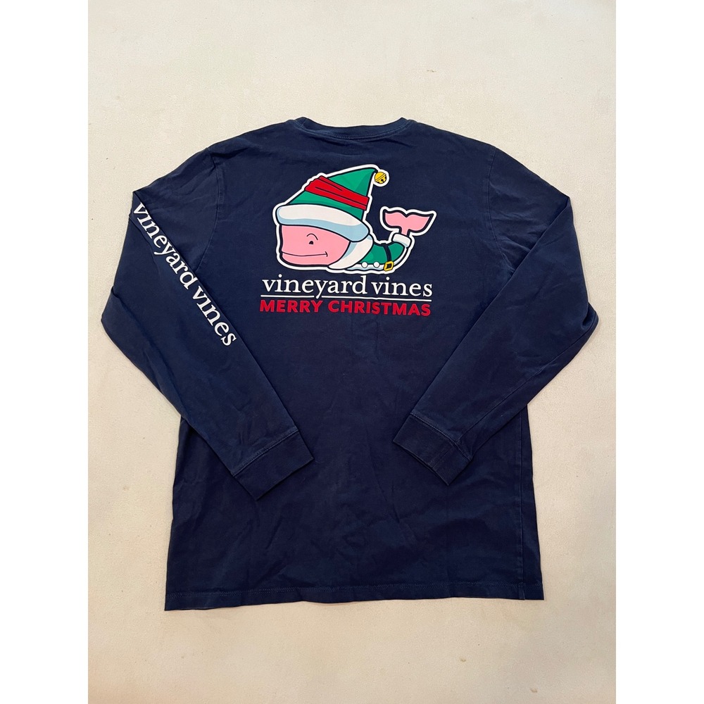 Vineyard Vines Christmas Elf Whale Long Sleeve Pocket T-Shirt Navy Blue XL 18